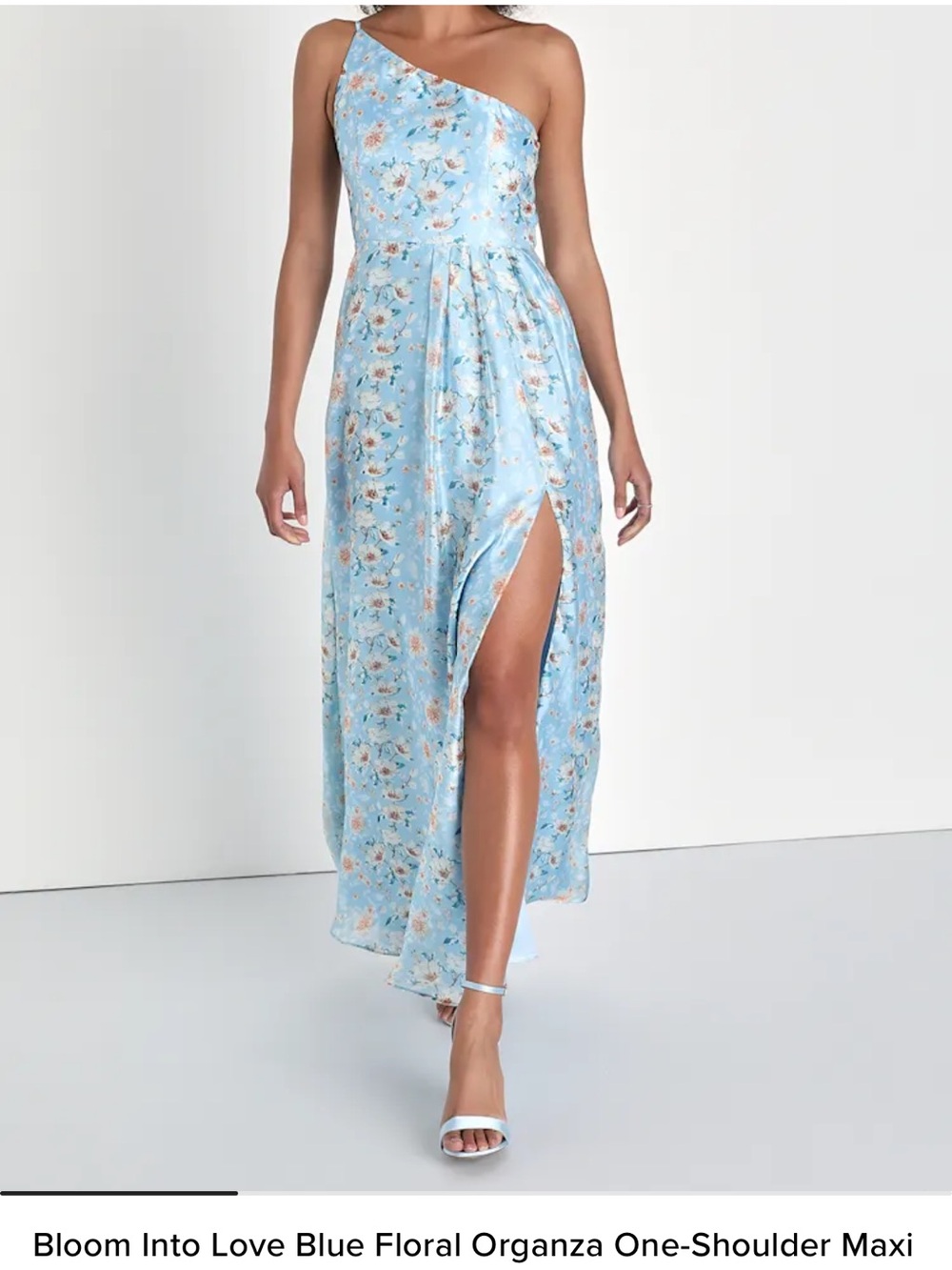Lulu's Sky Blue Floral One-Shoulder Maxi Dress